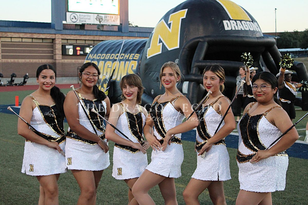 Twirlers prepare to perform their fight song routine before the Dragons vs. Rangers game at Bryan Rudder this past Friday.