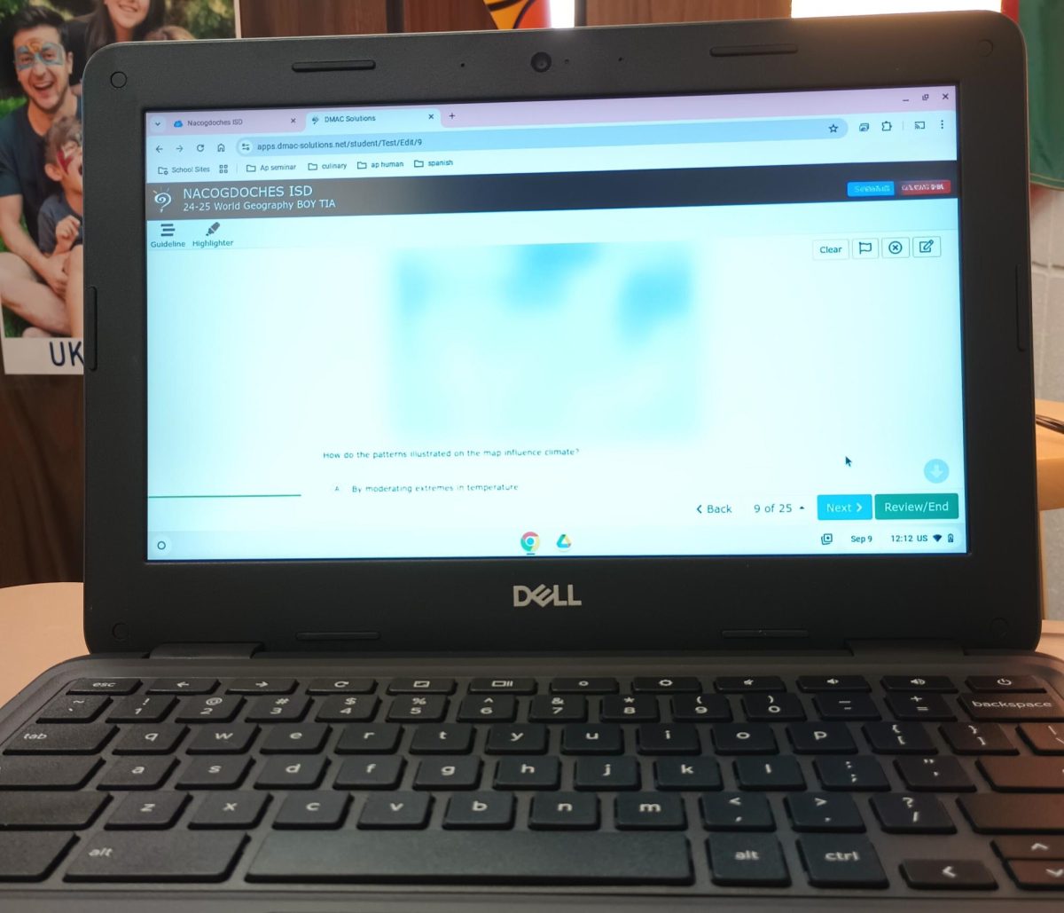 WHEN SAFEGUARDS BECOME ROADBLOCKS Student Chromebook displaying a district created test question with the image blurred due to internet restrictions.